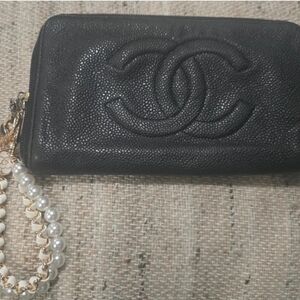 Chanel Black Leather Wallet with Pearl Chain